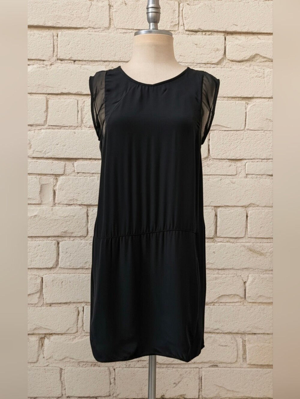 ANVY Women's Black Mini Dress with Sheer Cap Sleeves - Size D